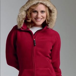 Faux fur trimmed fleece hoodie in RED